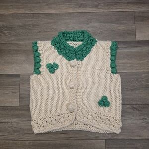 POL Knitted Unique Vest with Cream and Green Accents